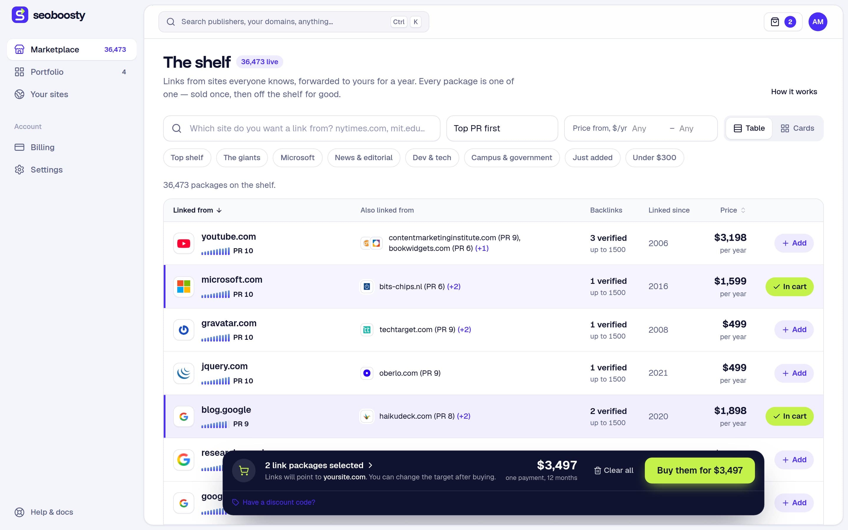 The SeoBoosty marketplace: packages listed by the publisher that links to them, with PageRank and price