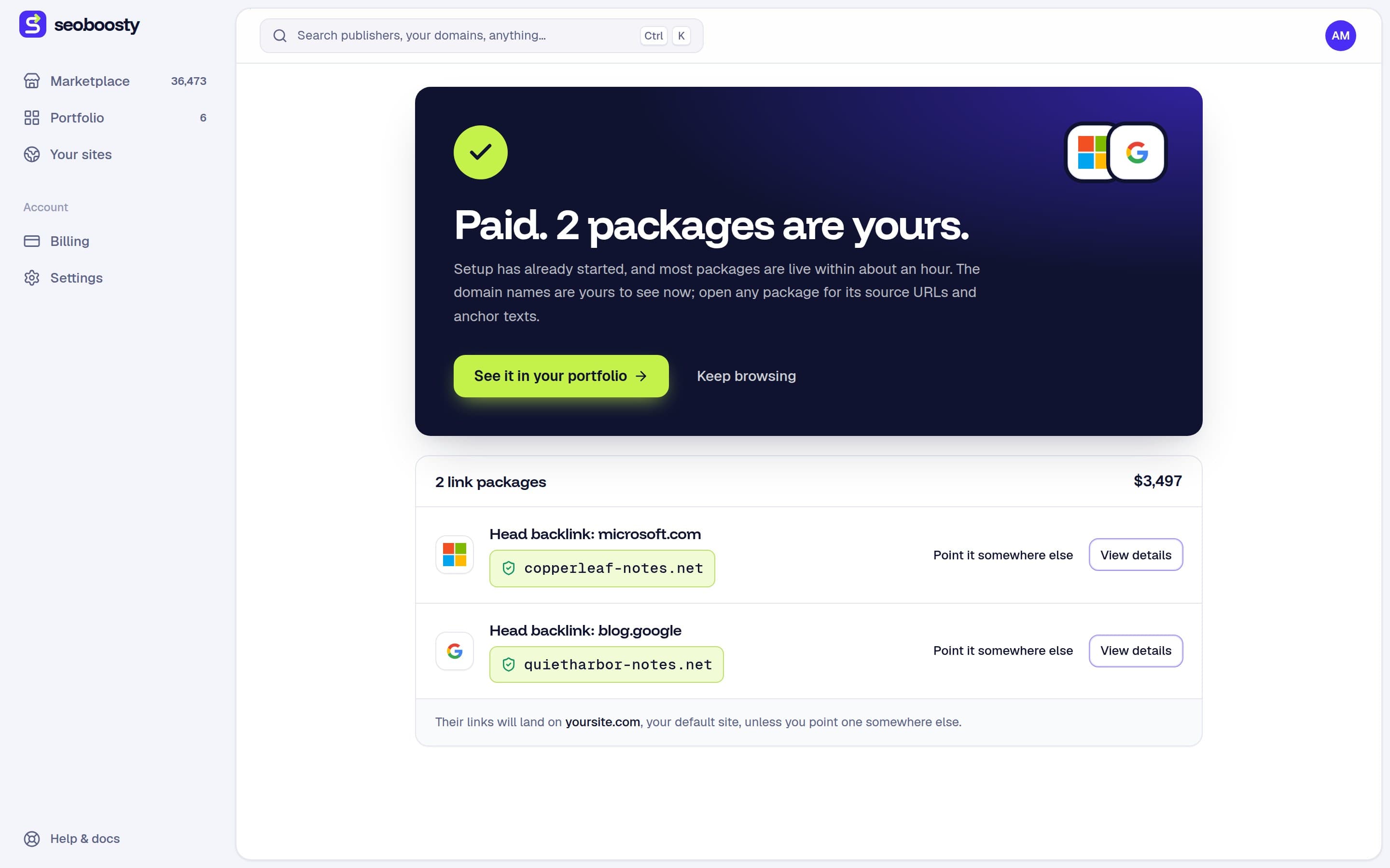 The confirmation screen after paying for two packages