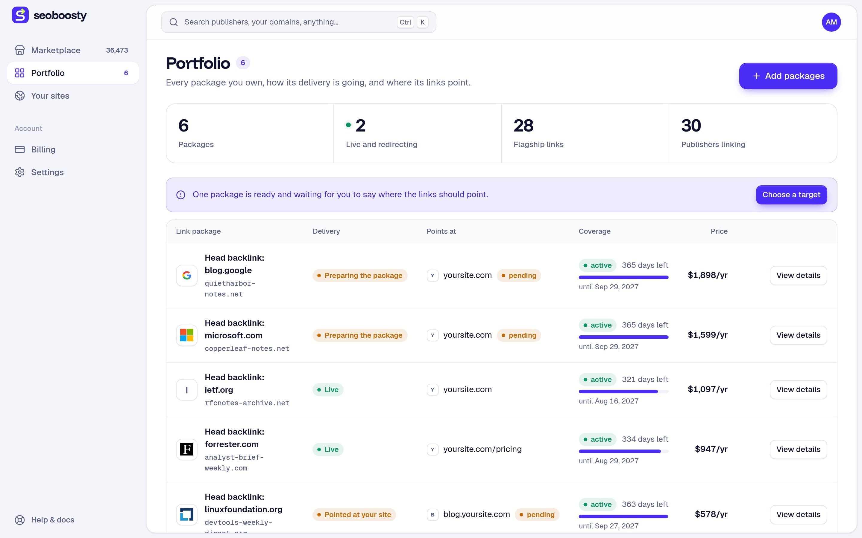 The portfolio screen listing packages, their delivery state and where each one points